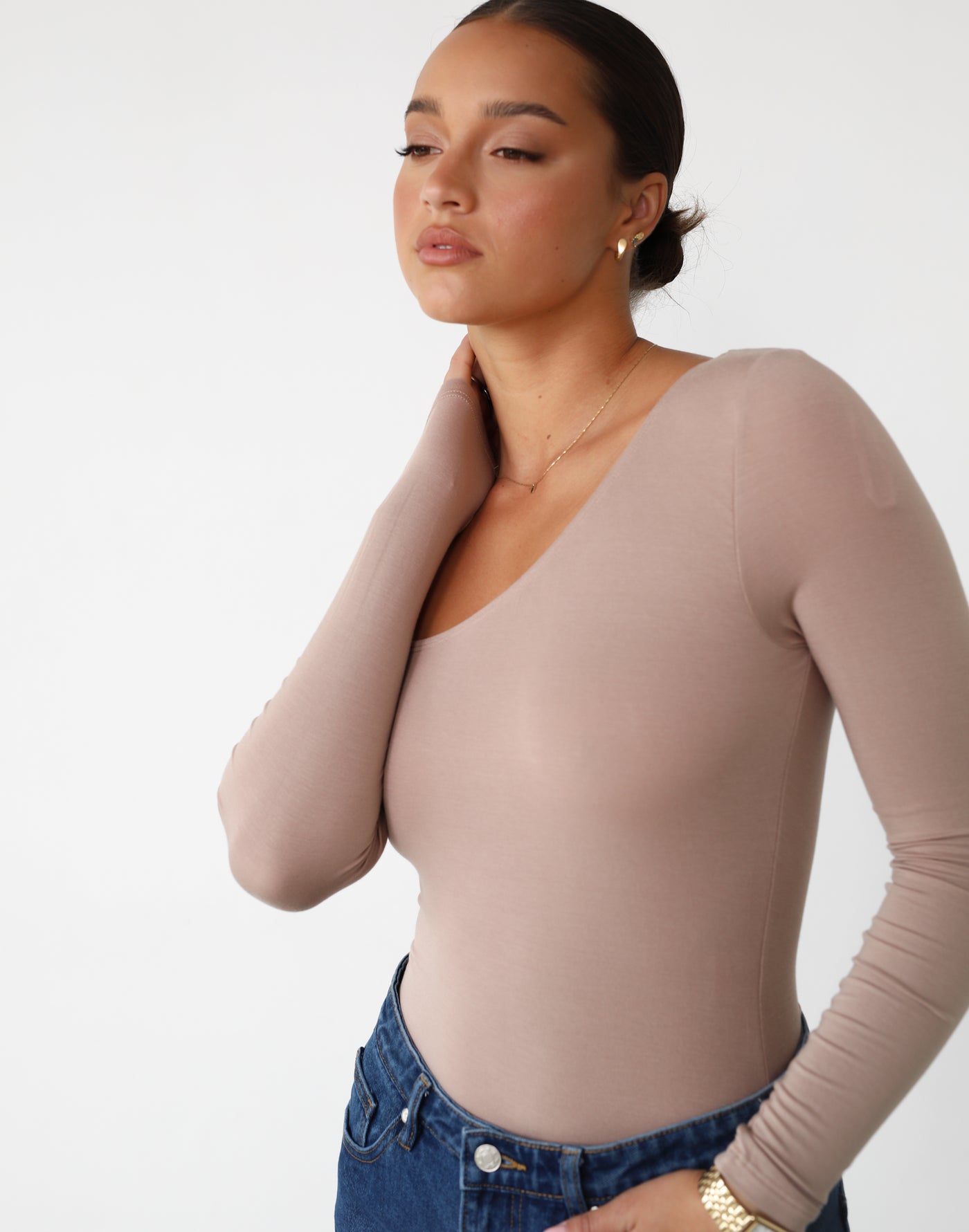 Adora Long Sleeve Bodysuit (Beige) - Beige Asymmetrical Sleeve Bodysuit - Women's Top - Charcoal Clothing