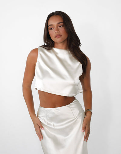 Sincerity Crop Top (Pearl) - Satin Open Back Relaxed Top - Women's Top - Charcoal Clothing