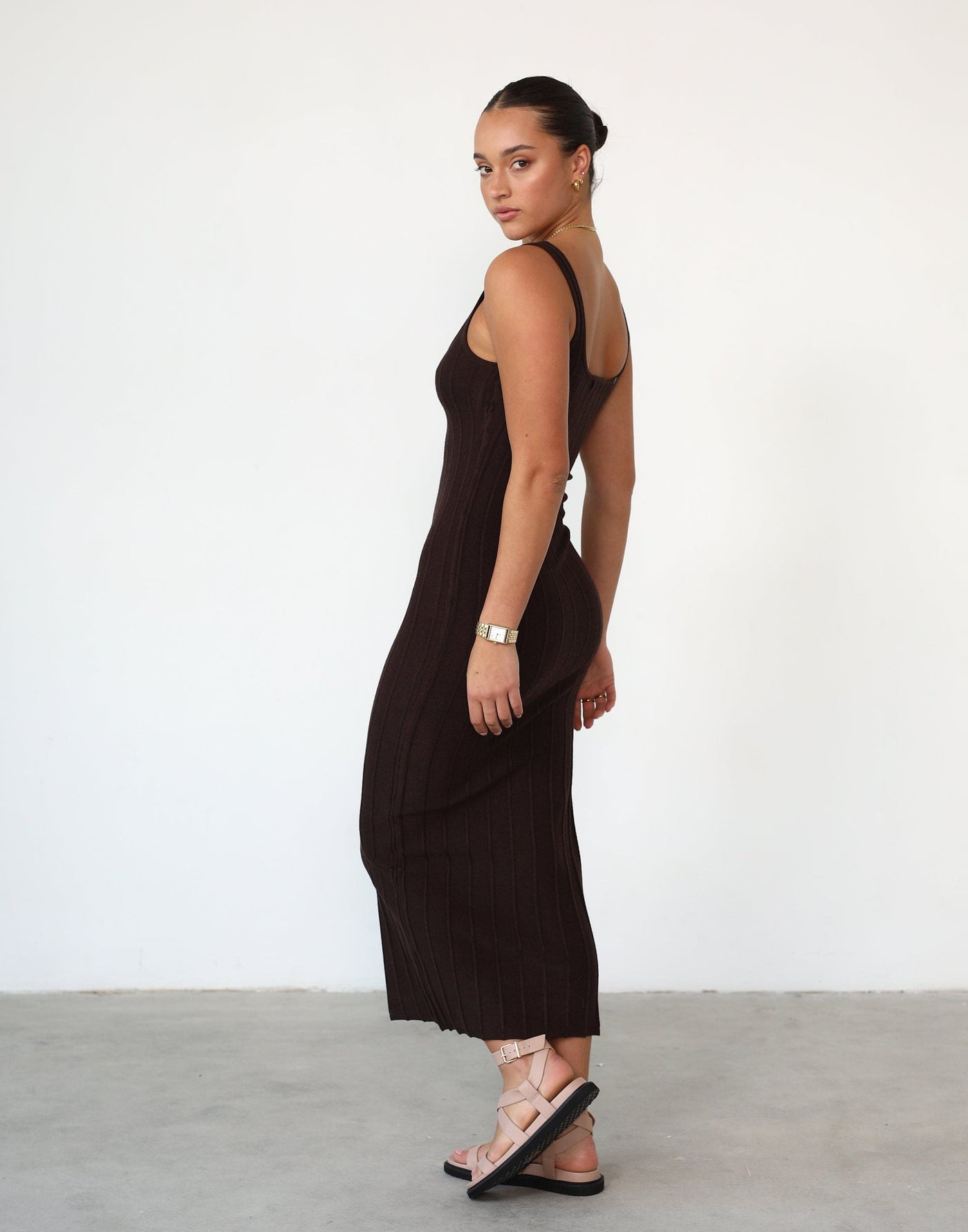 Ephemeral Maxi Dress (Chocolate) - Knit Ribbed Bodycon Maxi Dress - Women's Dress - Charcoal Clothing