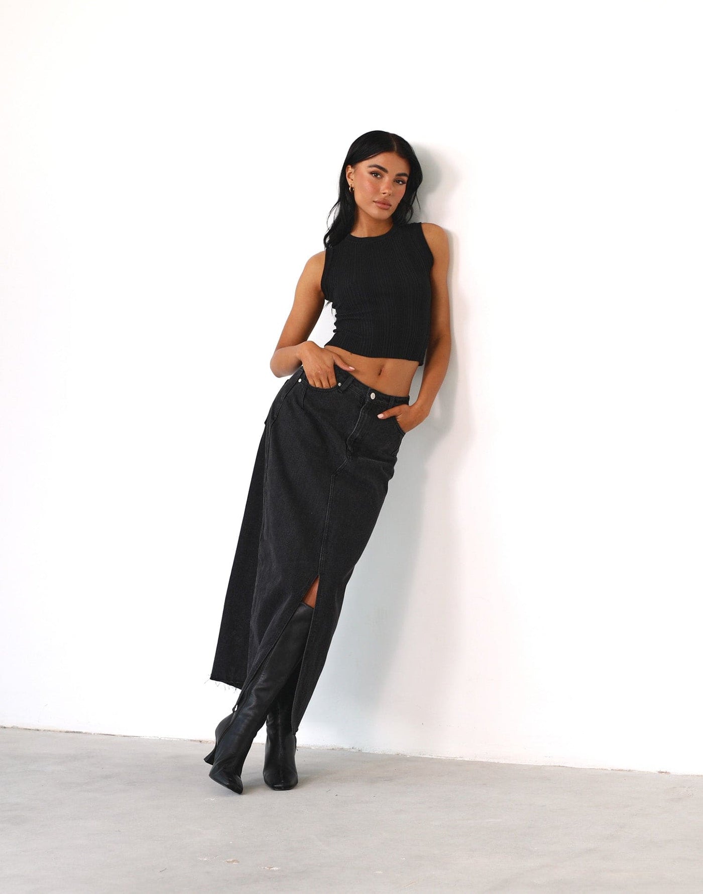 Drew Denim Midi Skirt (Dark Grey) - Middle Split Mid Rise Midi Skirt - Women's Skirts - Charcoal Clothing