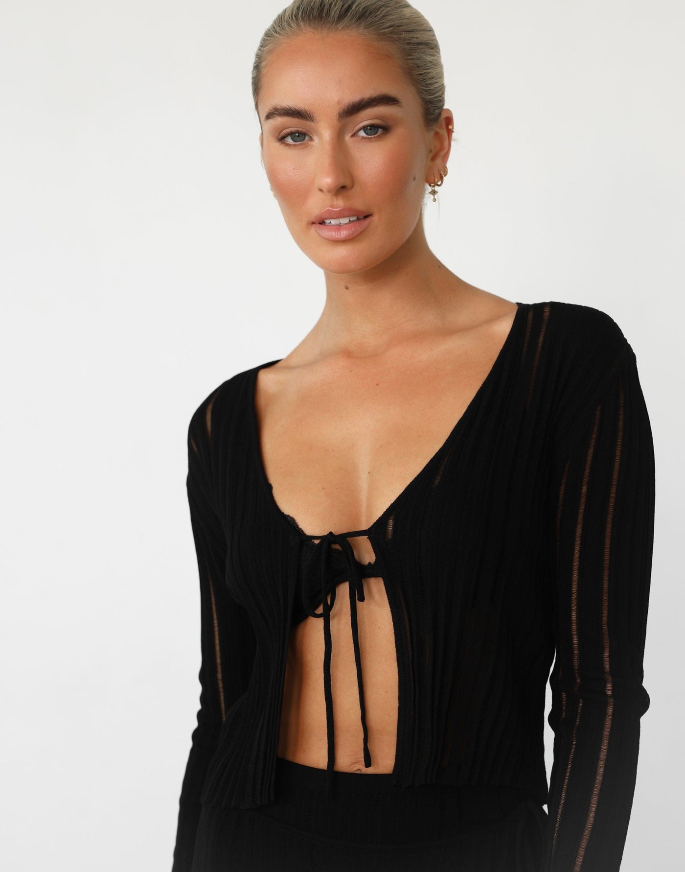 Krystelle Long Sleeve Top (Black) - Distressed Knit Tie Open Front Top - Women's Top - Charcoal Clothing