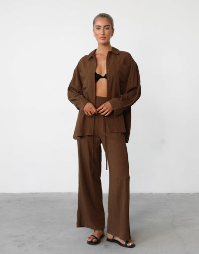 Ria Pants (Brown) - Textured Adjustable Tie Up Waist Wide Leg Pants - Women's Pants - Charcoal Clothing