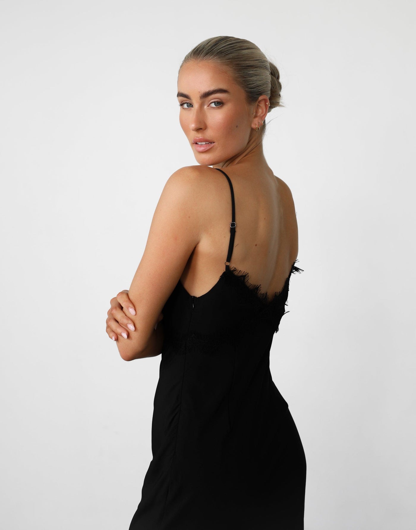 Every Time Maxi Dress (Black) - Lace Detail Satin Maxi Dress - Women's Dress - Charcoal Clothing