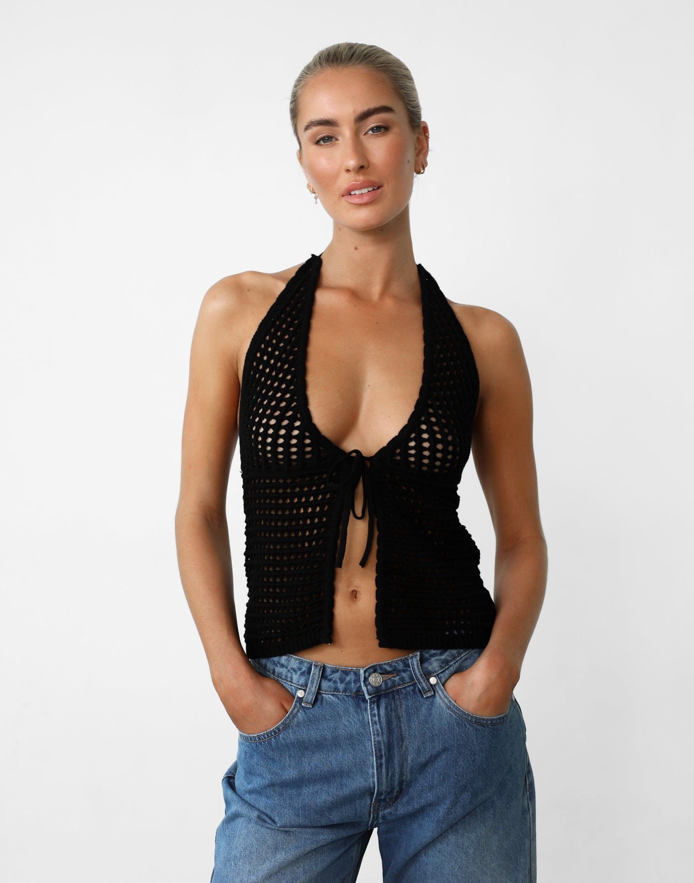 Wild Soul Crochet Top (Black) - V-neck Tie-up Top - Women's Top - Charcoal Clothing