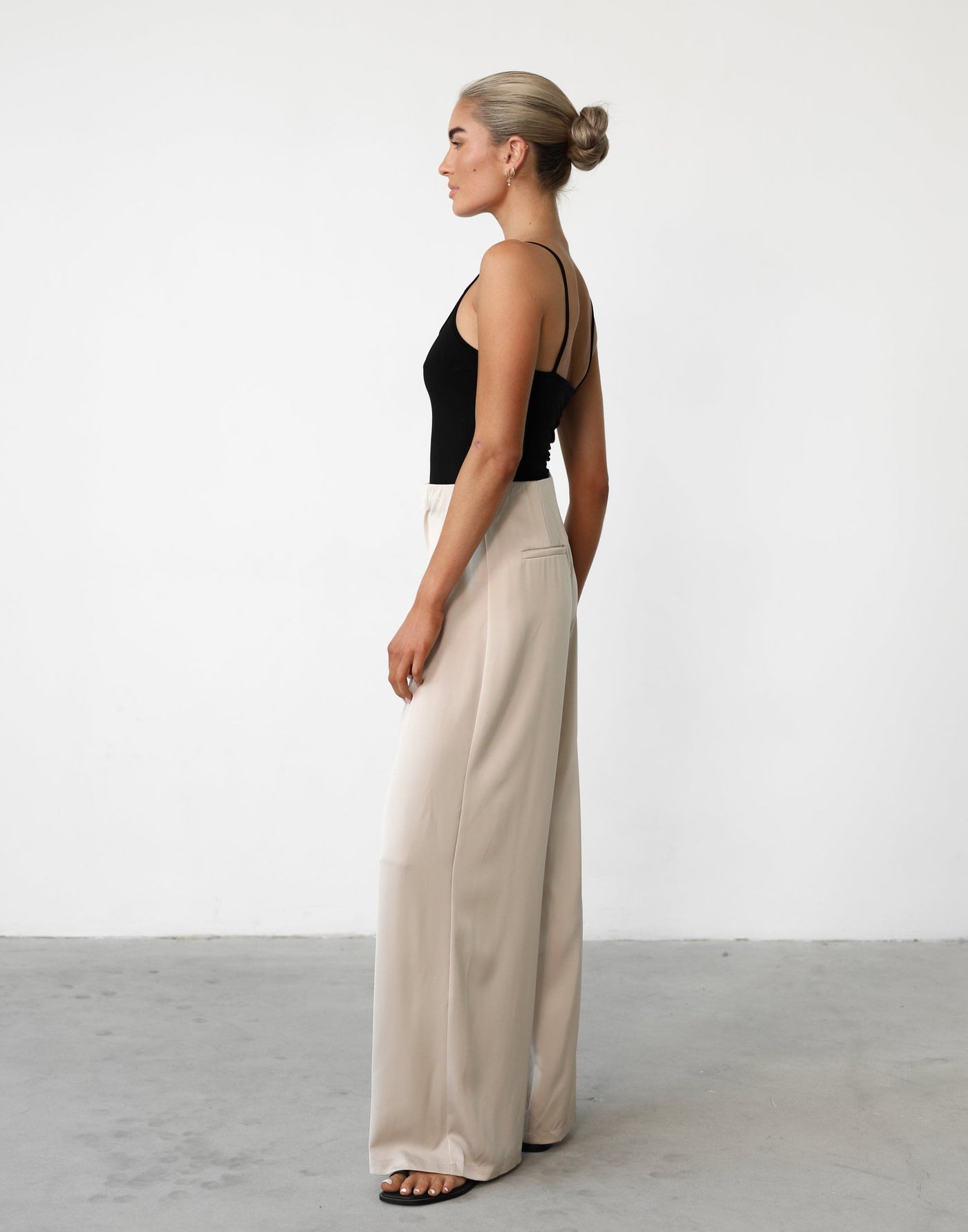 Yzabelle Pants (Beige) - Satin High Waisted Wide Leg Pant - Women's Pants - Charcoal Clothing