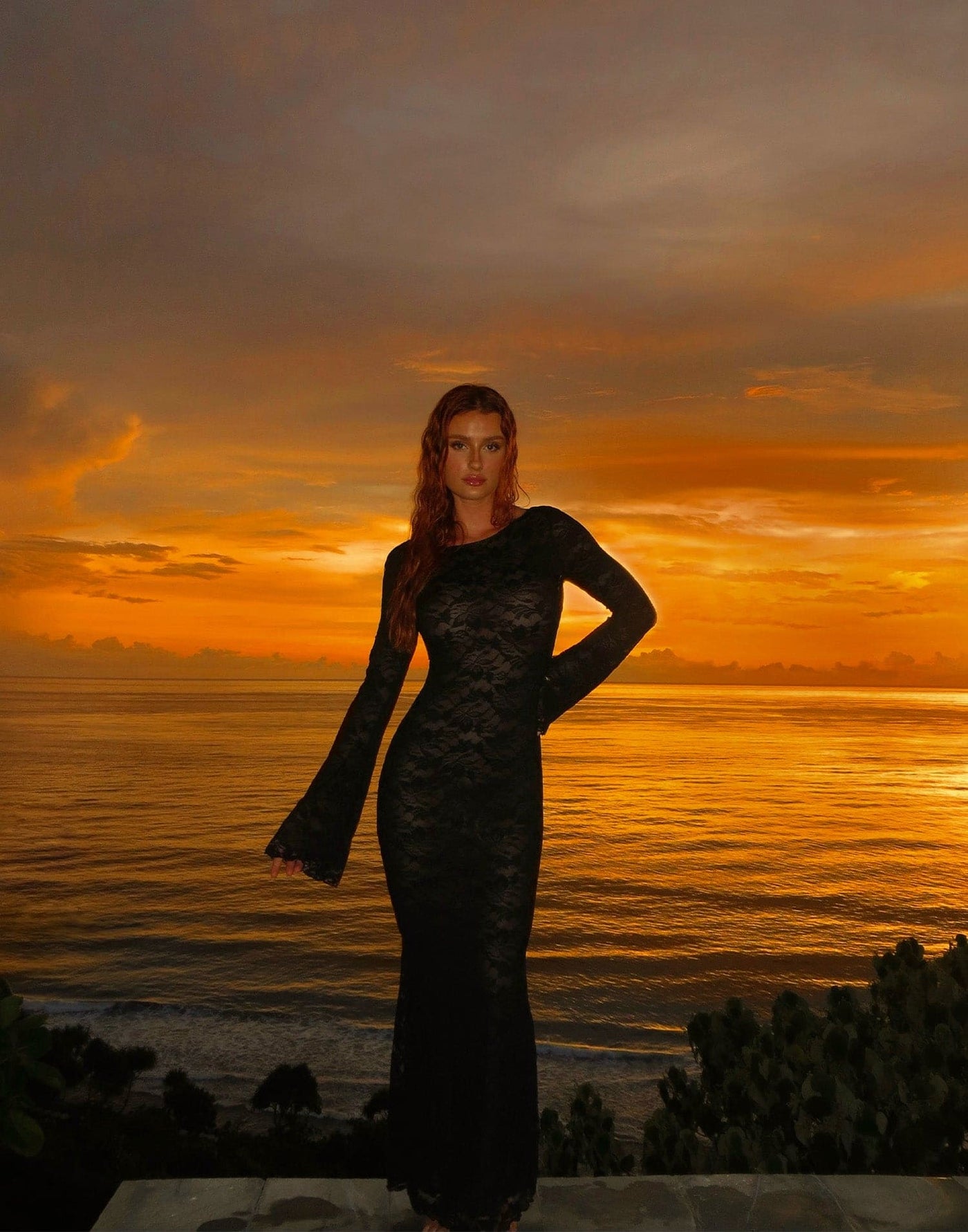 Florence Maxi Dress (Black) - Backless Sheer Lace Long Sleeve Maxi Dress - Women's Dress - Charcoal Clothing