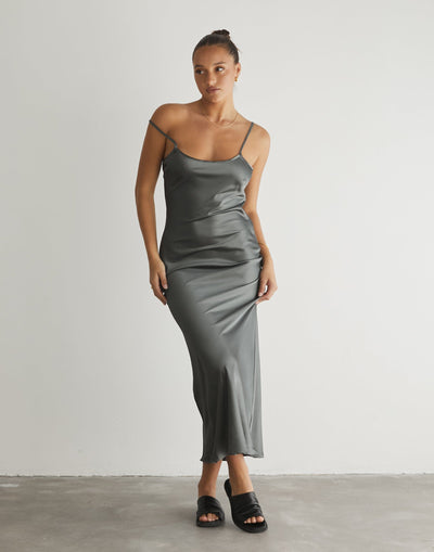 Martha Maxi Dress (Slate) - Satin Slip Maxi Dress - Women's Dress - Charcoal Clothing