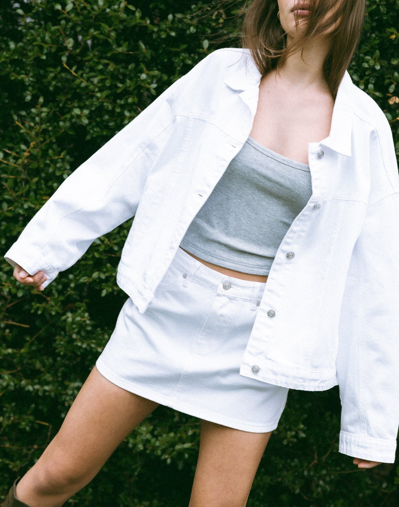 Cole Denim Jacket (White) | CHARCOAL Exclusive - Adjustable Waist Silver Button Denim Jacket - Women's Outerwear - Charcoal Clothing