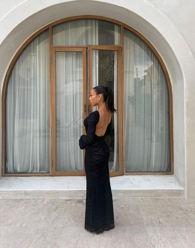 Florence Maxi Dress (Black) - Backless Sheer Lace Long Sleeve Maxi Dress - Women's Dress - Charcoal Clothing