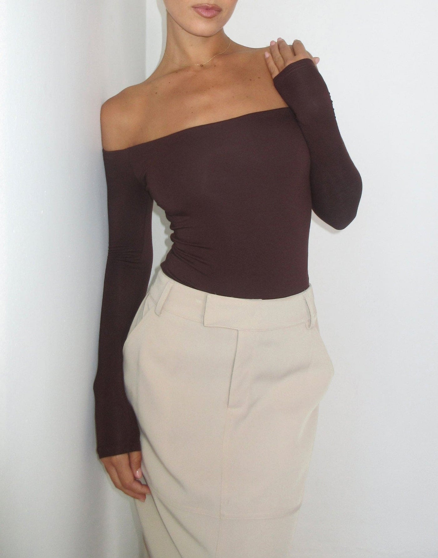 Iris Bodysuit (Cocoa) - Off-the-shoulder Long Sleeve Bodysuit - Women's Top - Charcoal Clothing