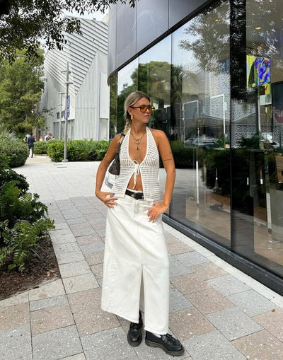 Kristie Denim Maxi Skirt (White) - Middle Split Denim Maxi Skirt - Women's Skirt - Charcoal Clothing