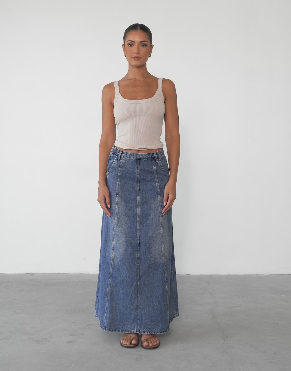 Akara Denim Maxi Skirt (Blue Denim)