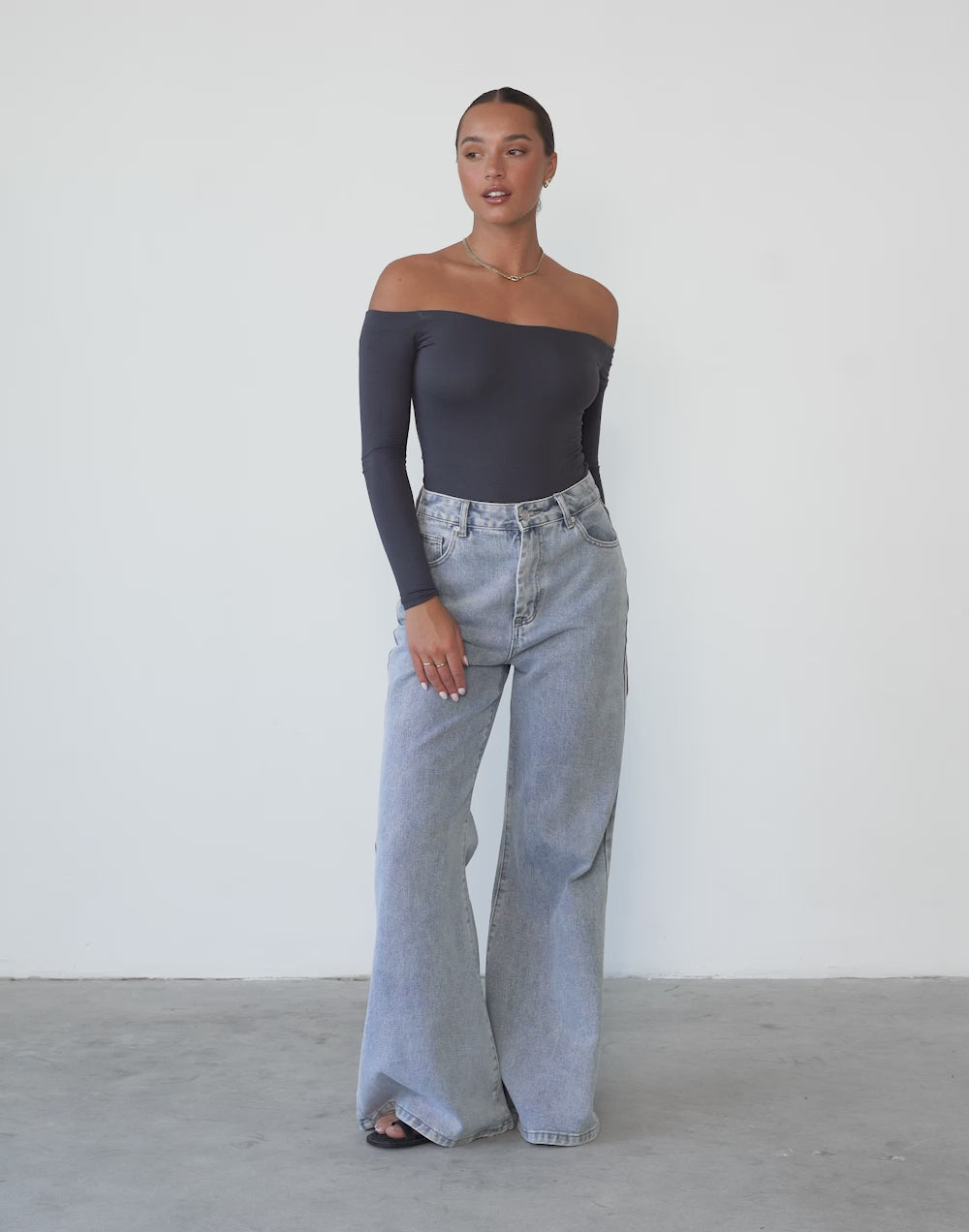 Iris Bodysuit (Charcoal) Offtheshoulder Long Sleeve Bodysuit CHARCOAL