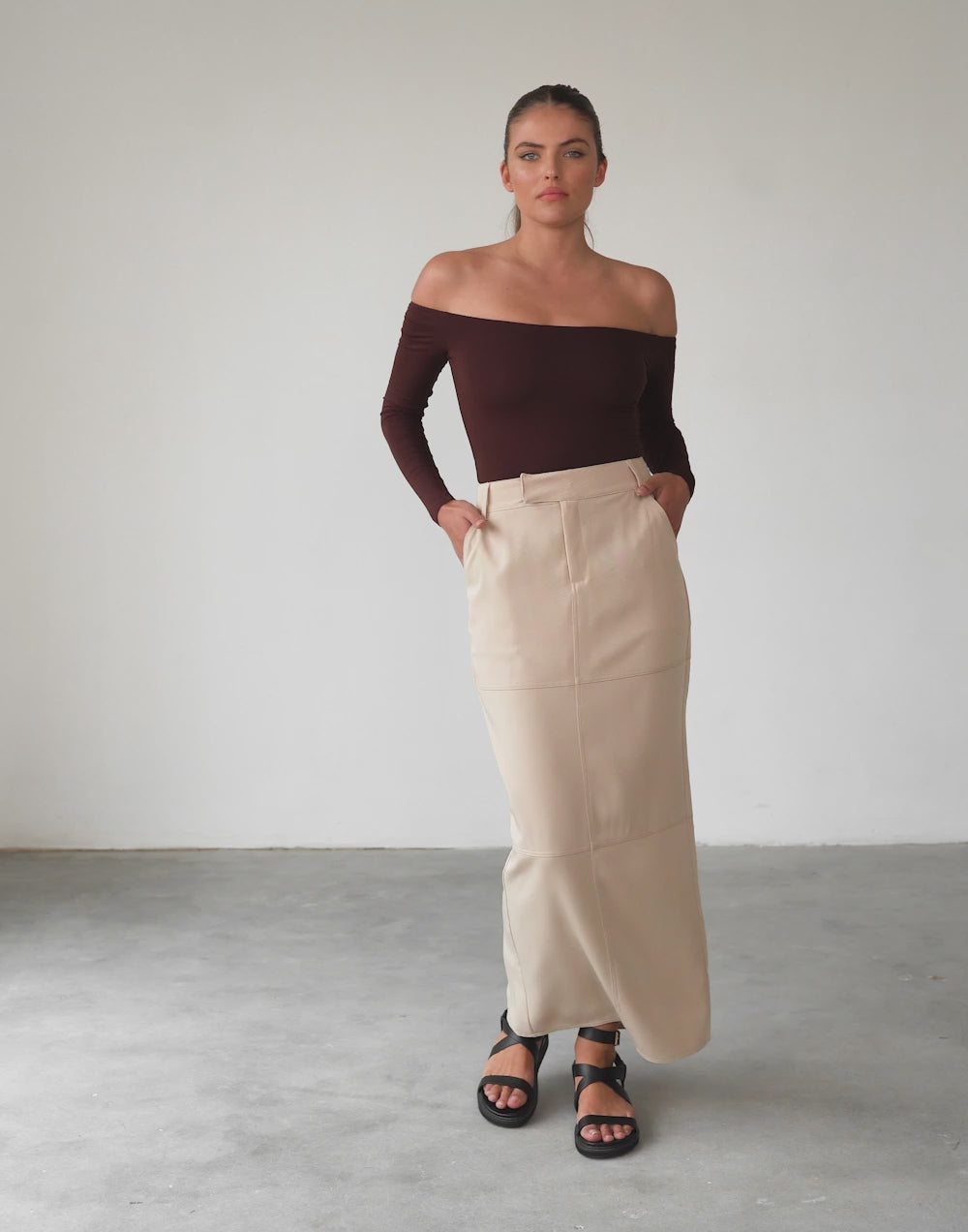 Iris Bodysuit (Cocoa) Offtheshoulder Long Sleeve Bodysuit CHARCOAL