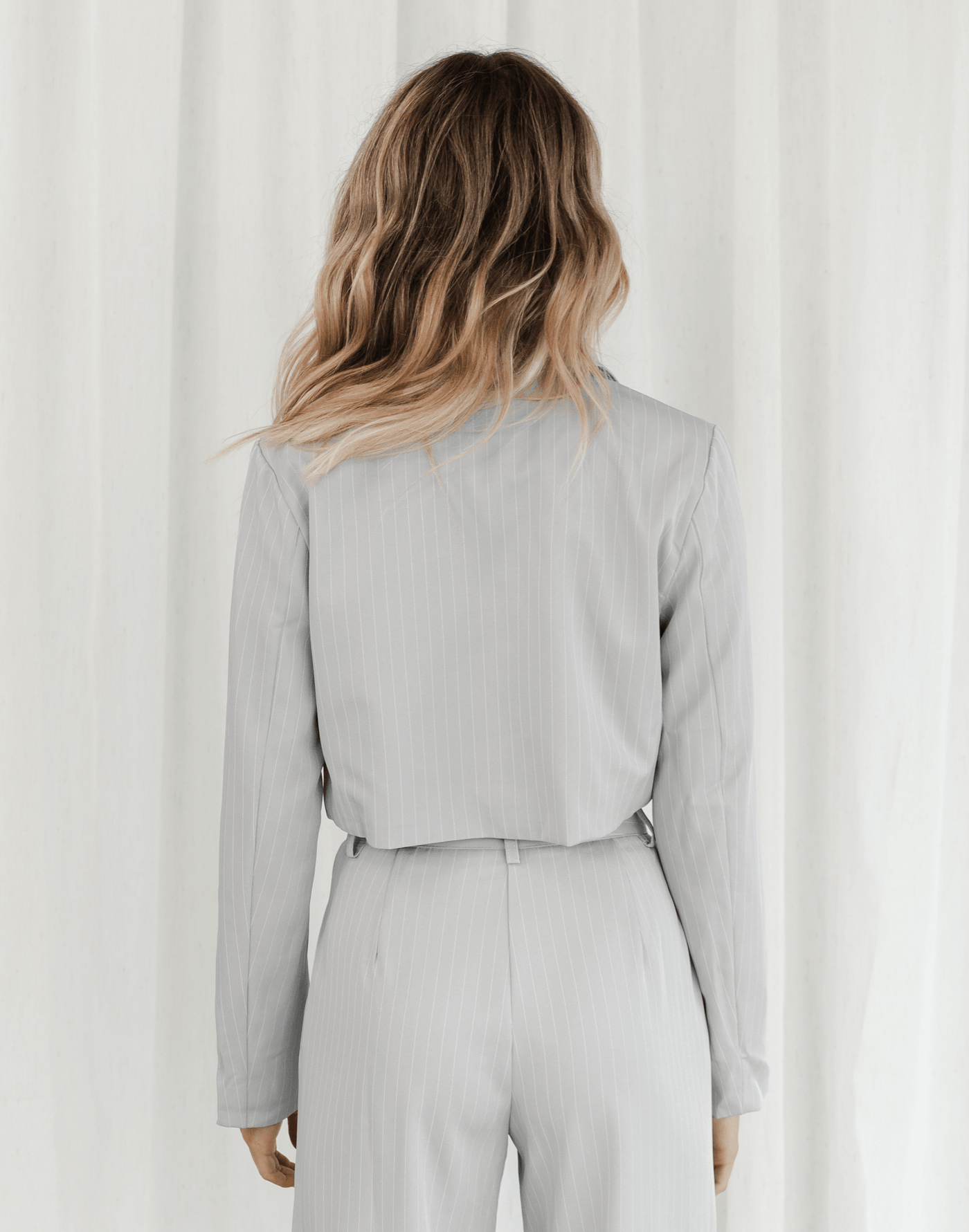Davina Cropped Blazer (Grey Pinstripe) - Low V-neck Blazer - Women's Outerwear - Charcoal Clothing