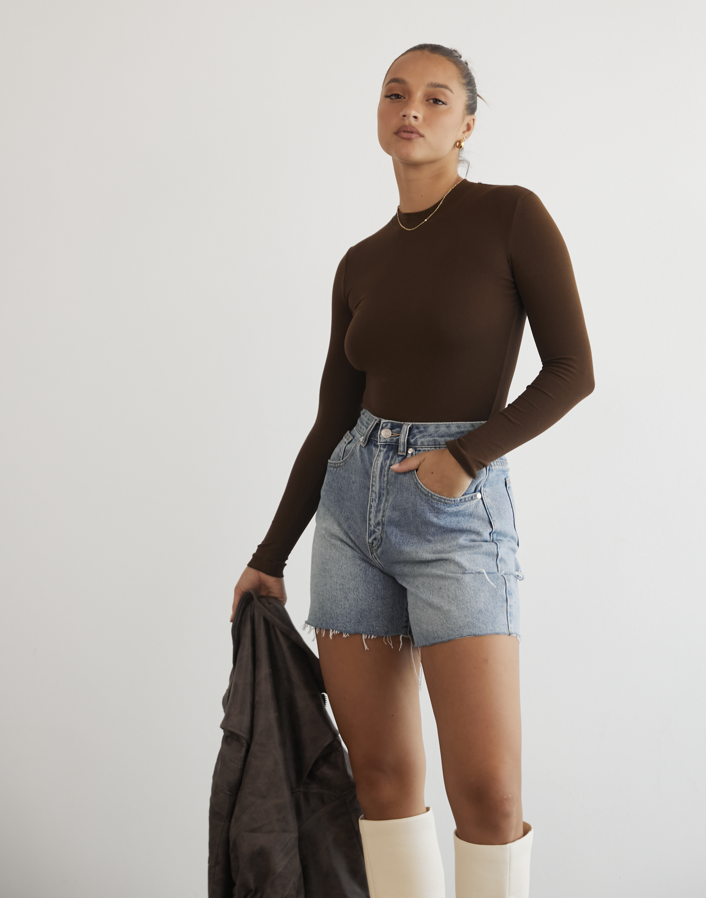 Wisteria Long Sleeve Bodysuit (Brown) - High Neckline Bodysuit - Women's Top - Charcoal Clothing