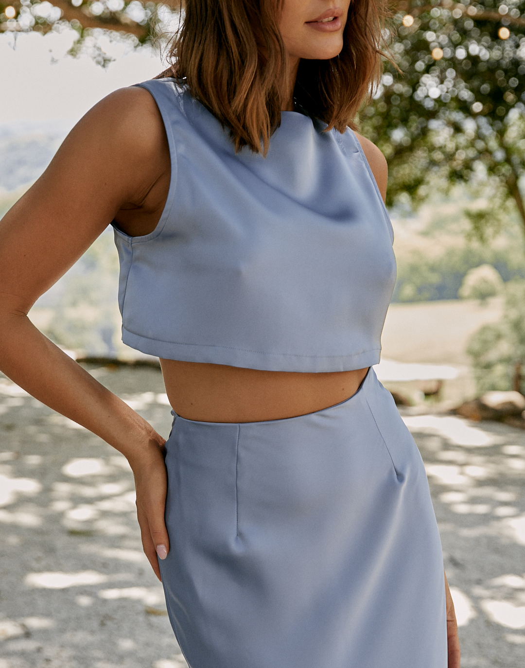 Sincerity Crop Top (Steel Blue) - Steel Blue Satin Sleeveless Open Back Crop Top - Women's Top - Charcoal Clothing