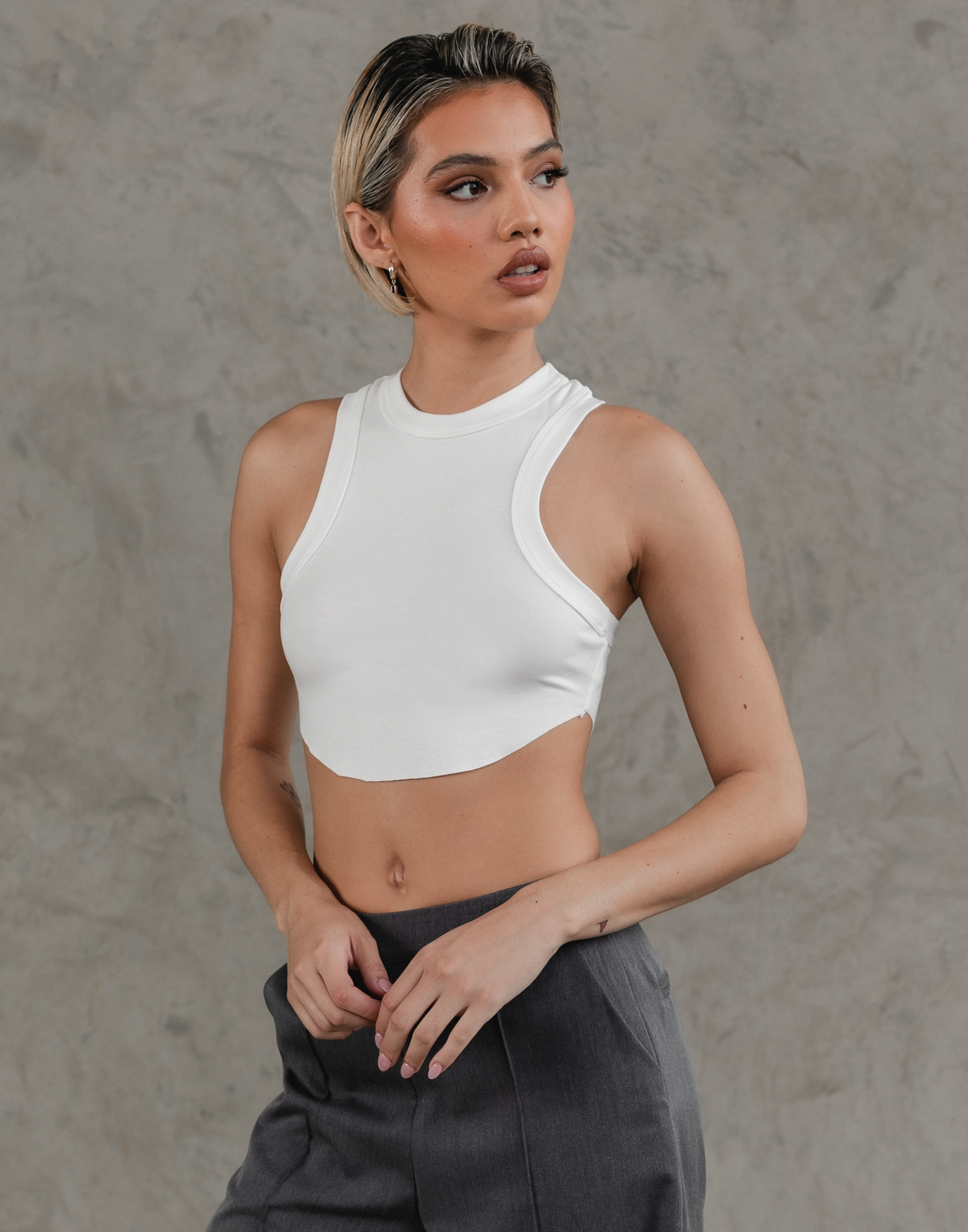 Hailee Scoop Neck Crop (White) - Scoop Neck Ribbed Tank - Women's Top - Charcoal Clothing