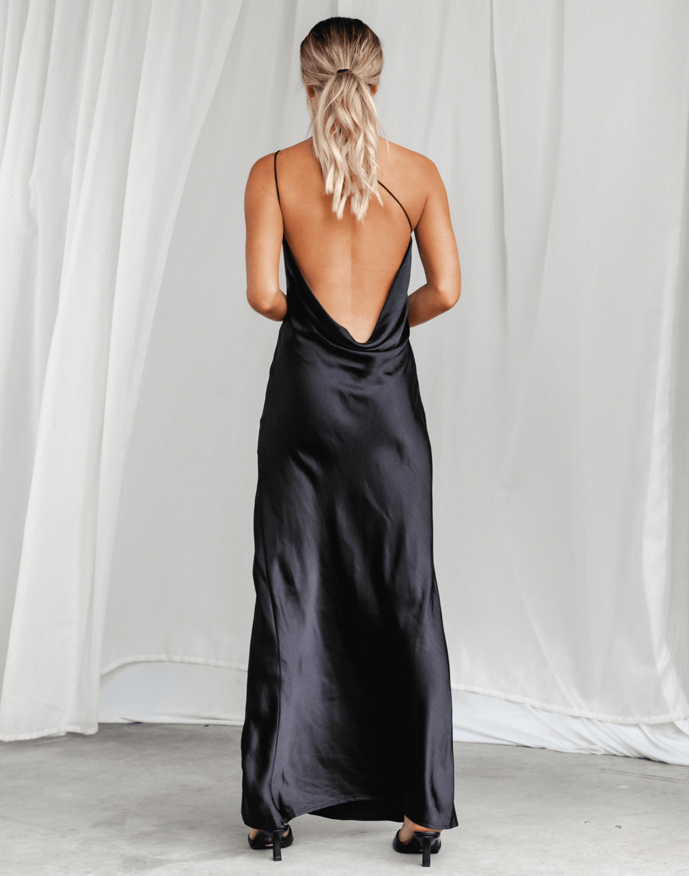 Taliah Maxi Dress (Black) Black Silky Maxi Dress CHARCOAL
