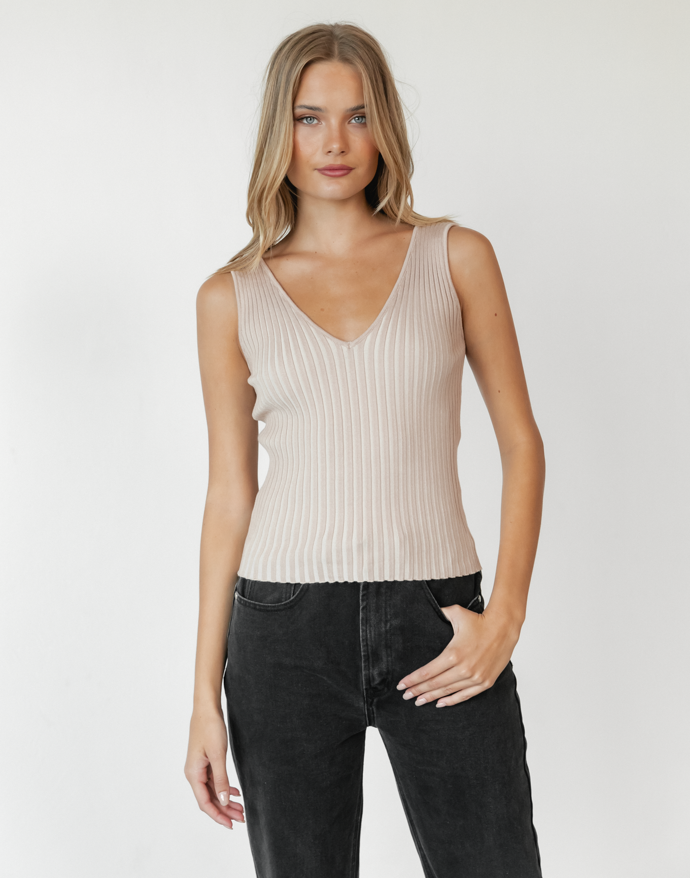 Carmaine Knit Top (Beige) - Ribbed Knit Top - Women's Top - Charcoal Clothing