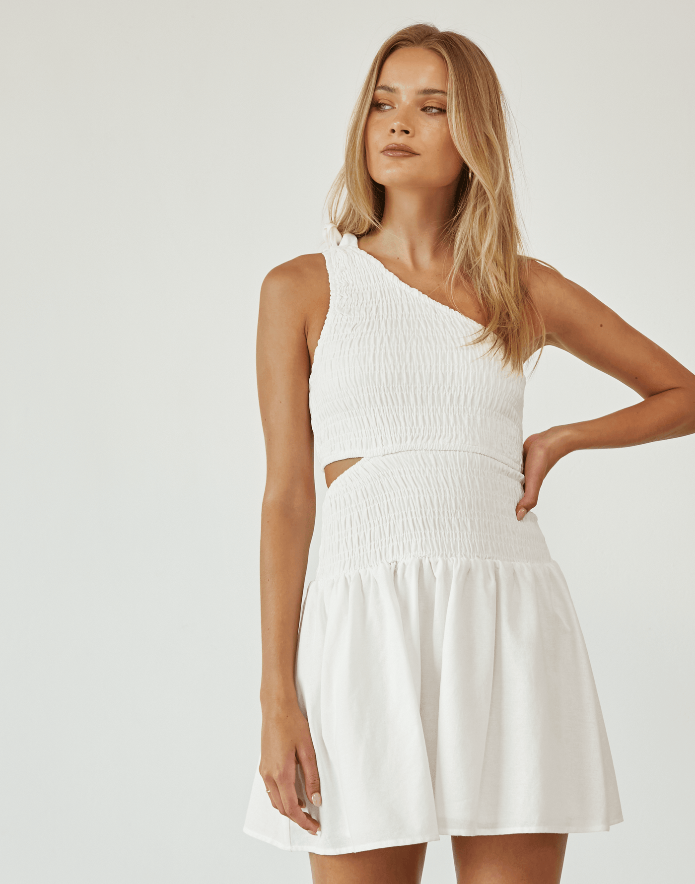 Mailee Mini Dress (White) - One Shoulder Mini Dress - Women's Dress - Charcoal Clothing