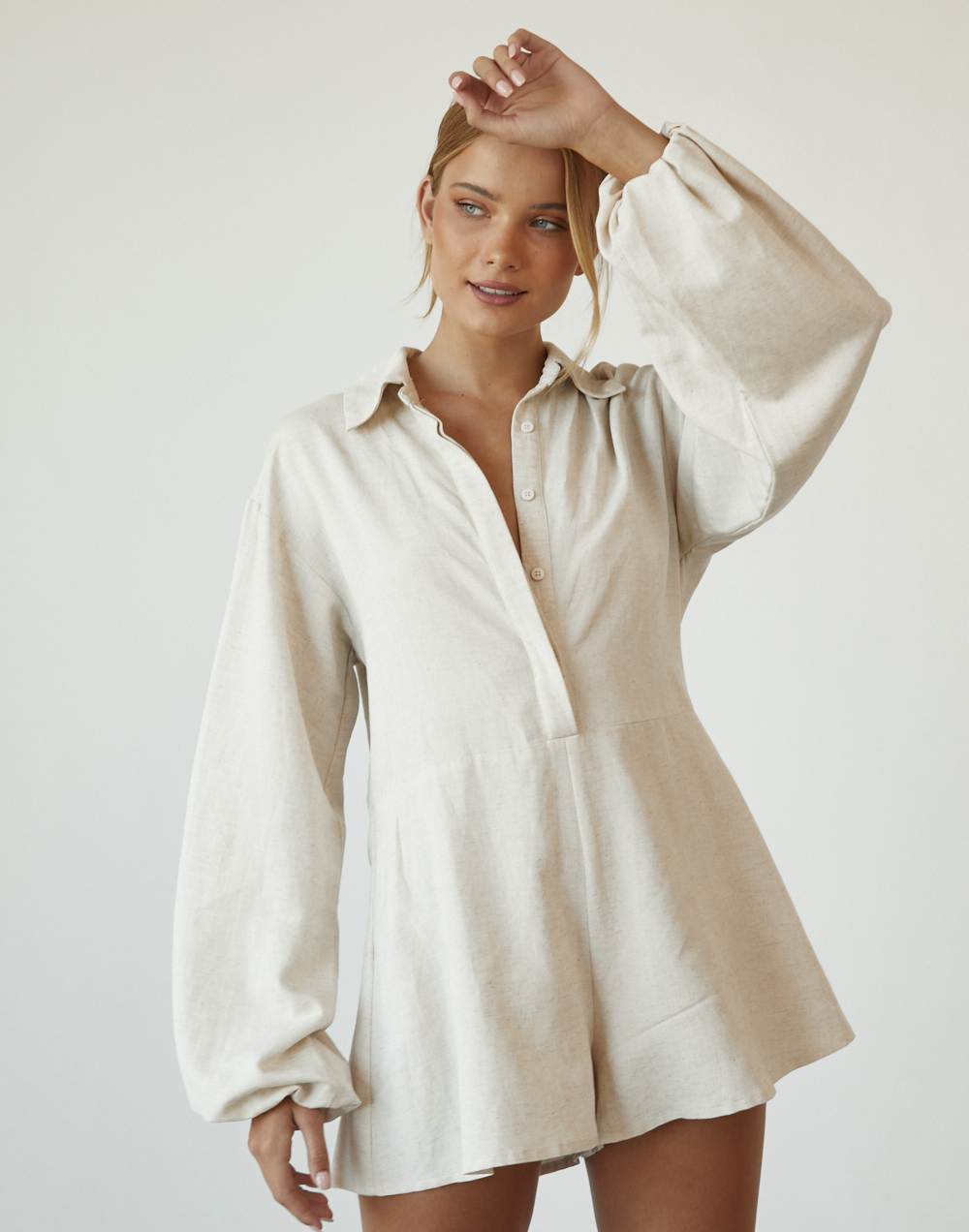 Take Your Time Playsuit (Beige) - Long Sleeved Linen Playsuit - Women's Playsuit - Charcoal Clothing