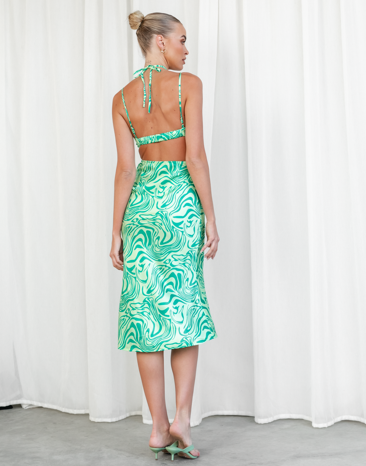 In Touch Midi Dress - Green Toned Halter Midi Dress - Women's Dress - Charcoal Clothing