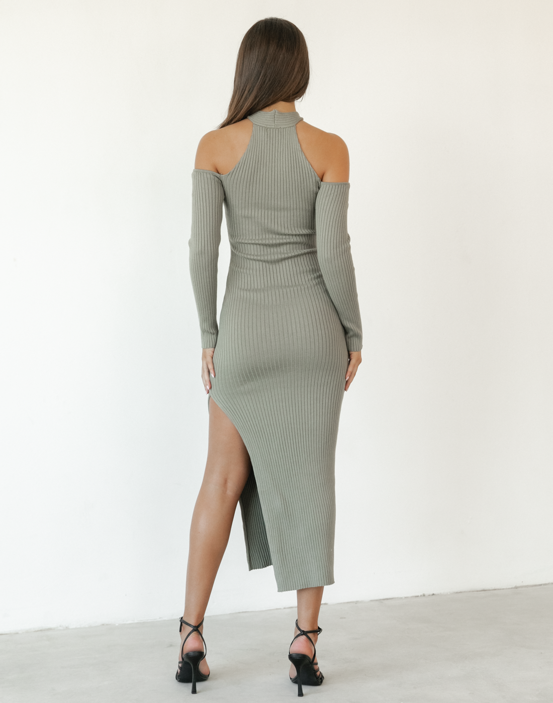 Arielle Midi Dress (Khaki) - High Neck Cut-out Midi Dress - Women's Dress - Charcoal Clothing