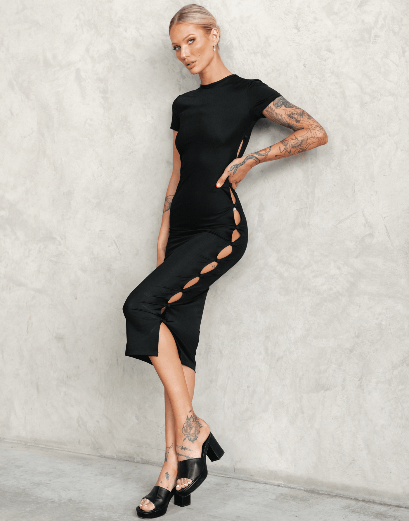 Brentwood Midi Dress (Black) - Button Up Side Dress - Women's Dress - Charcoal Clothing
