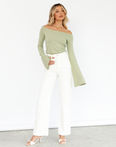 Luna Long Sleeve Knit Top (Sage) - Off The Shoulder Knit Top - Women's Top - Charcoal Clothing