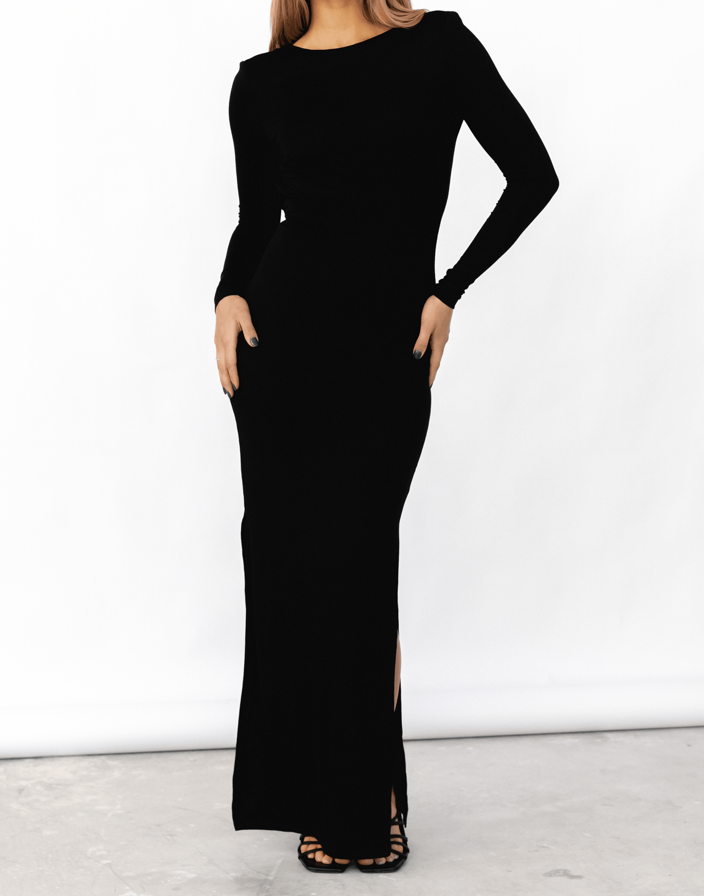 Luna Long Sleeve Maxi Dress (Black) Backless Maxi Dress CHARCOAL