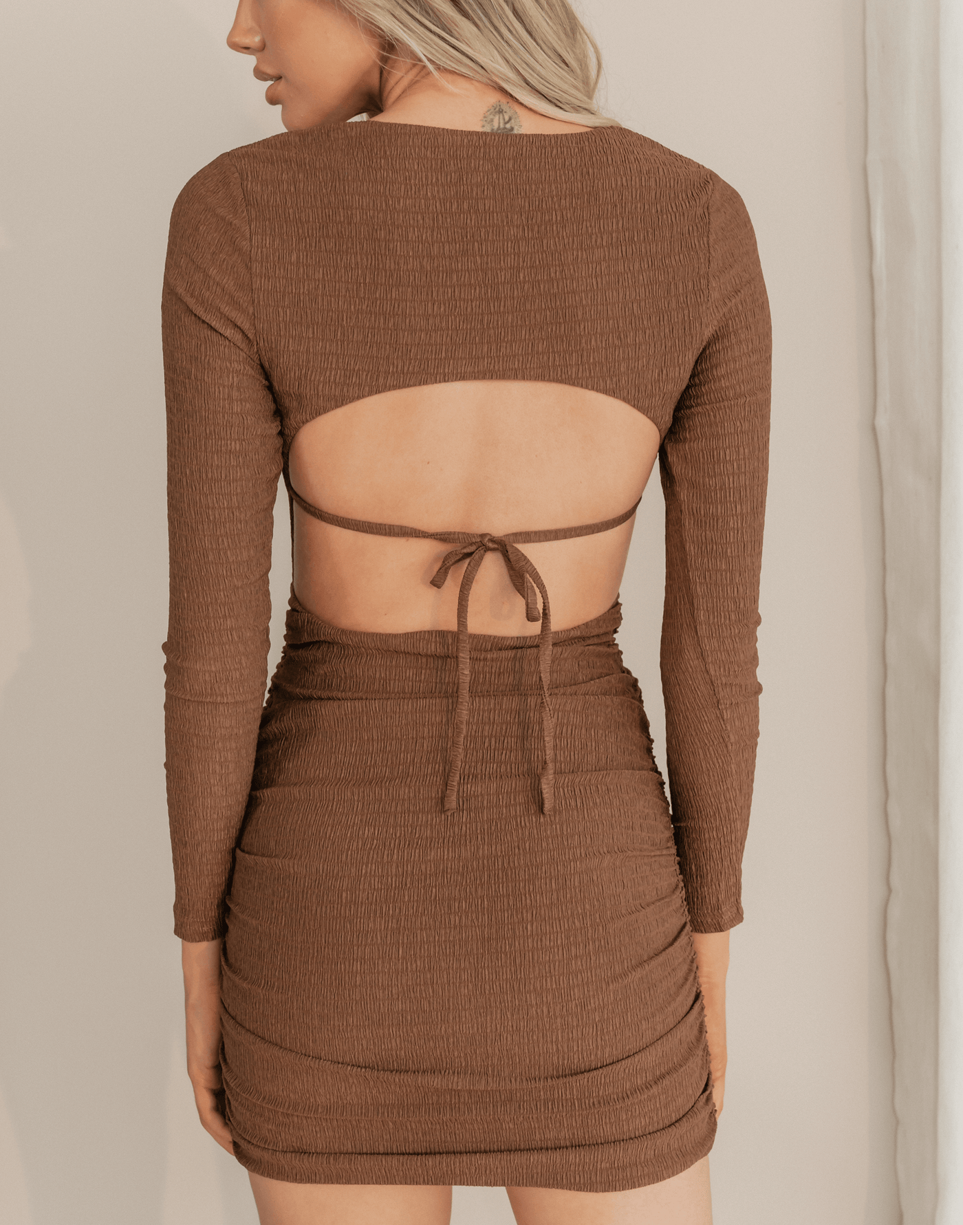 Drey Mini Dress (Brown) - Long Sleeve Mini Dress - Women's Dress - Charcoal Clothing