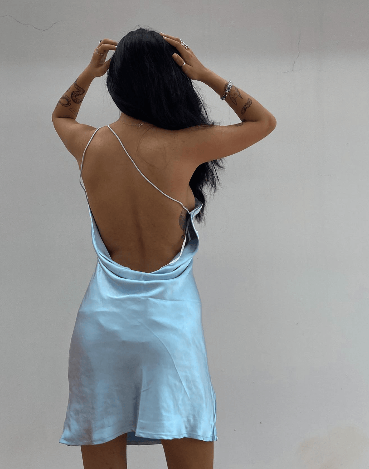 Gemini Mini Dress - Blue Silk One Shoulder Mini Dress - Women's Dress - Charcoal Clothing